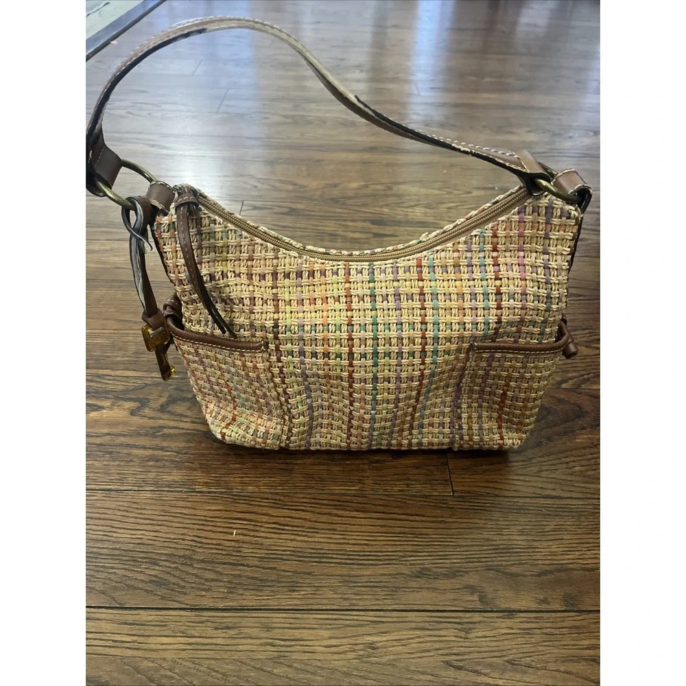Fossil Straw Woven Hobo Bag Multicolor Leather Trim Summer Boho Purse